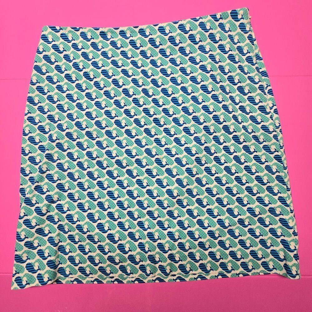 Talbots Twill Teal Blue Whale Print Pencil Skirt Preppy Nautical Beach Size 12